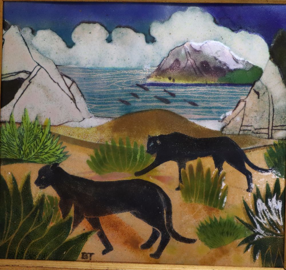 Beryl Turpin, pair of enamel on copper plaques, Night walkers and Big cats beach walking, initialled 25 x 27cm